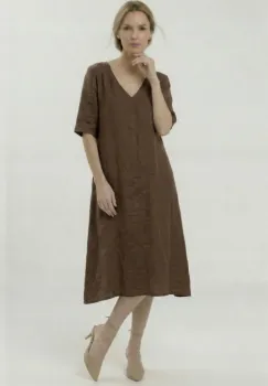 Rochie din in midi, croi lejer, decolteu in V, stil relaxat elegant, maro imagine