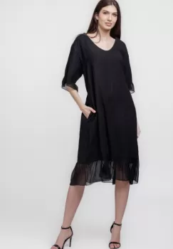 Rochie din in neagra cu volane din matase si snur in talie imagine