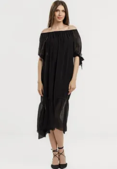 Rochie din matase naturala cu detalii feminine si croiala lejera, neagra imagine