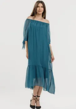 Rochie din matase naturala cu detalii feminine si croiala lejera, turcoaz inchis imagine