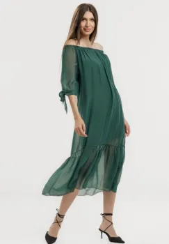 Rochie din matase naturala cu detalii feminine si croiala lejera, verde forest imagine