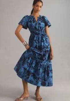 Rochie din poplin de bumbac, cu elastic in talie si volane, albastru cu bleumarin imagine