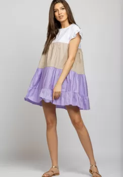 Rochie din poplin de bumbac cu trei volane colorate lila - bej - alb imagine