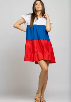 Rochie din poplin de bumbac cu trei volane colorate rosu - albastru - alb imagine