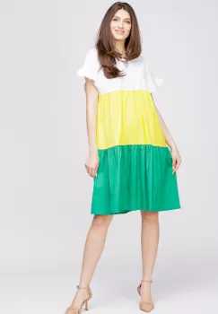 Rochie din poplin de bumbac cu trei volane colorate verde - galben - alb imagine