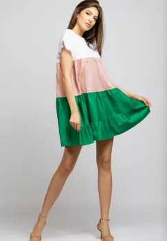 Rochie din poplin de bumbac cu trei volane colorate verde - roz - alb imagine