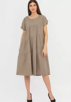 Rochie din poplin satinat cu volane oblice, bej inchis imagine