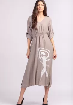 Rochie din vascoza bej, cu elastic sub bust si imprimeu imagine