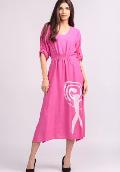 Rochie din vascoza fucsia, cu elastic sub bust si imprimeu imagine