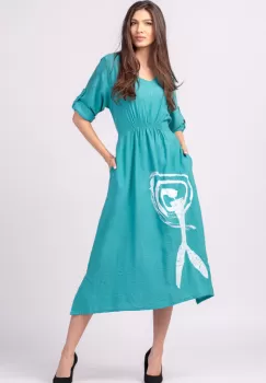 Rochie din vascoza turcoaz, cu elastic sub bust si imprimeu imagine