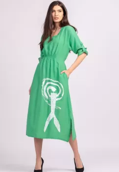 Rochie din vascoza verde, cu elastic sub bust si imprimeu imagine
