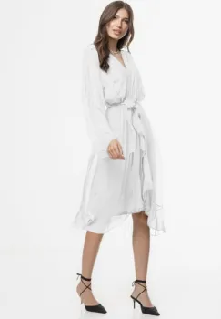 Rochie eleganta din matase naturala si vascoza, petrecuta, cu maneci vaporoase si croiala asimetrica, alba imagine