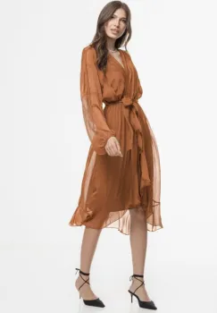 Rochie eleganta din matase naturala si vascoza, petrecuta, cu maneci vaporoase si croiala asimetrica, camel imagine