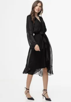 Rochie eleganta din matase naturala si vascoza, petrecuta, cu maneci vaporoase si croiala asimetrica, neagra imagine