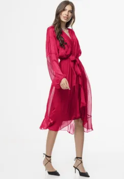 Rochie eleganta din matase si vascoza, petrecuta, cu maneci vaporoase si croiala asimetrica, fucsia inchis imagine