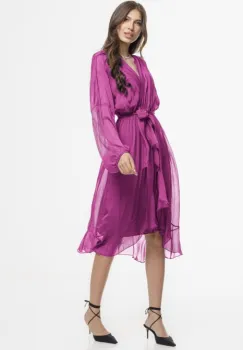 Rochie eleganta din matase si vascoza, petrecuta, cu maneci vaporoase si croiala asimetrica, mov zmeura imagine