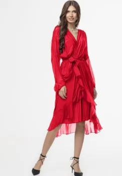 Rochie eleganta din matase si vascoza, petrecuta, cu maneci vaporoase si croiala asimetrica, rosie imagine