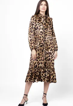 Rochie eleganta din satin, cu nasturei albi perlati si imprimeu animal print imagine