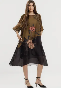 Rochie eleganta satinata A-line cu croiala lejera si imprimeu floral in tonuri de maro si negru imagine