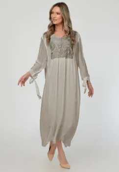 Rochie fango lunga, din matase naturala cu platca din dantela pe fata si pe spate imagine