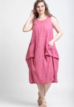 Rochie fara maneci, lalea, din in, cu falduri, roz inchis imagine