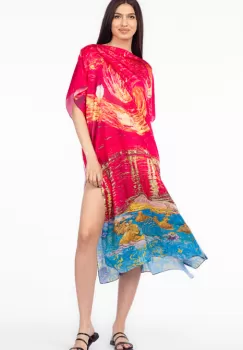 Rochie fucsia de plaja lunga tip poncho din matase cu reproducere dupa Noapte Instelata deasupra Rhonului de Claude Monet imagine