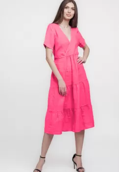 Rochie fucsia din in cu volane si bust petrecut imagine