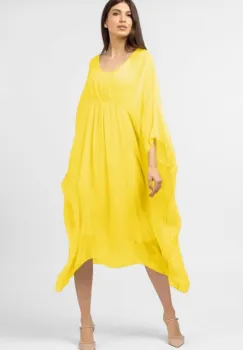 Rochie galben intens in colturi, lunga, ampla, din matase naturala, cu detaliu sub bust imagine