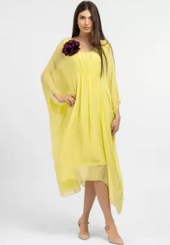 Rochie galbena, lunga, ampla, din matase naturala, cu detaliu sub bust, in colturi imagine