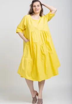 Rochie galbena oversize, cu maneca scurta, cu trei volane asimetrice, din poplin satinat imagine