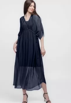 Rochie Goddess din matase naturala cu snur impletit pe decolteu si talie, bleumarin imagine