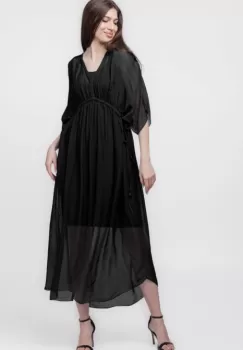 Rochie Goddess din matase naturala cu snur impletit pe decolteu si talie, neagra imagine