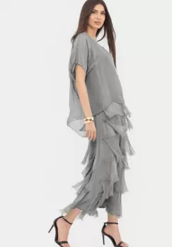 Rochie gri din matase naturala cu volane franjurate suprapuse imagine