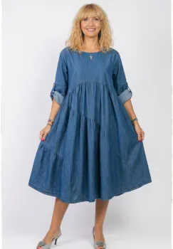 Rochie jeans deschis oversize, cu trei volane asimetrice, din bumbac imagine