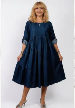 Rochie jeans inchis oversize, cu trei volane asimetrice, din bumbac imagine