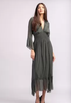 Rochie kaki din matase naturala cu banda elastica in talie si volane imagine