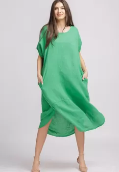 Rochie lalea oversize din in cu buzunare si crapaturi laterale rotunjite, verde imagine