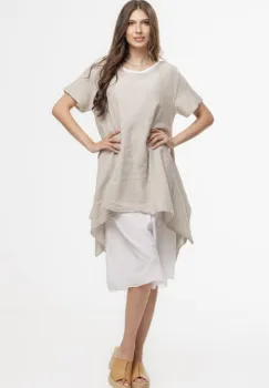 Rochie lejera din bumbac cu doua straturi si croi asimetric, alb-bej imagine