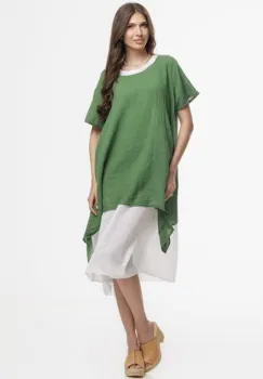Rochie lejera din bumbac cu doua straturi si croi asimetric, alb-verde imagine