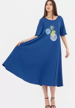 Rochie lunga A-line, albastra, cu imprimeu chip stilizat imagine