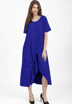 Rochie lunga A-line albastra, din tricot de bumbac cu siret la poale imagine