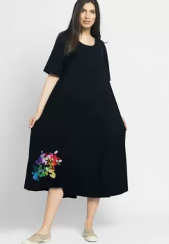 Rochie lunga A-line, bleumarin, cu imprimeu floare stilizata cu petale multicolore imagine