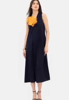 Rochie lunga A-line cu decolteu in V, din poplin de bumbac, bleumarin imagine