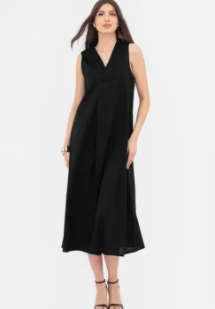 Rochie lunga A-line cu decolteu in V, din poplin de bumbac, neagra imagine