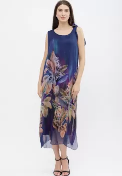 Rochie lunga A-line, cu imprimeu vegetal pe fond bleumarin imagine