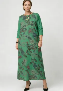 Rochie lunga A-line din catifea reiata cu imprimeu paisley, verde imagine