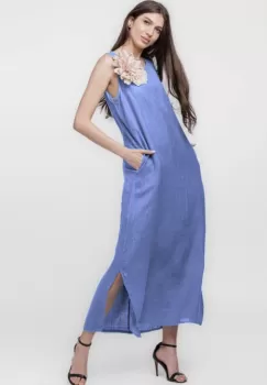 Rochie lunga A-line din in, fara maneci, bleu imagine