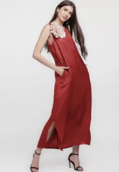 Rochie lunga A-line din in, fara maneci, bordo imagine