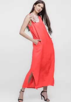 Rochie lunga A-line din in, fara maneci, corai imagine