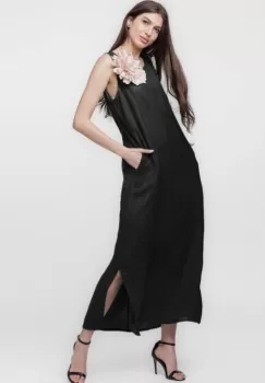 Rochie lunga A-line din in, fara maneci, neagra imagine